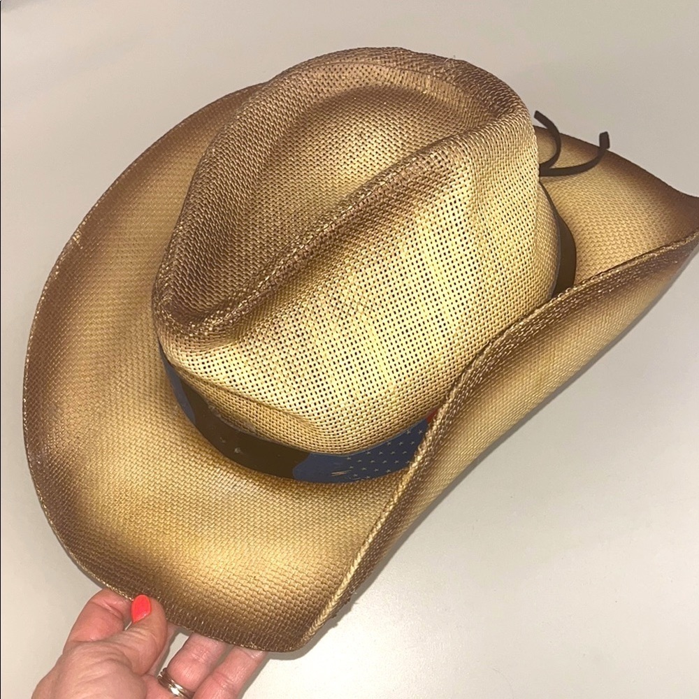 Milani Straw Cowboy / girl hat with an American flag accent tie preowned